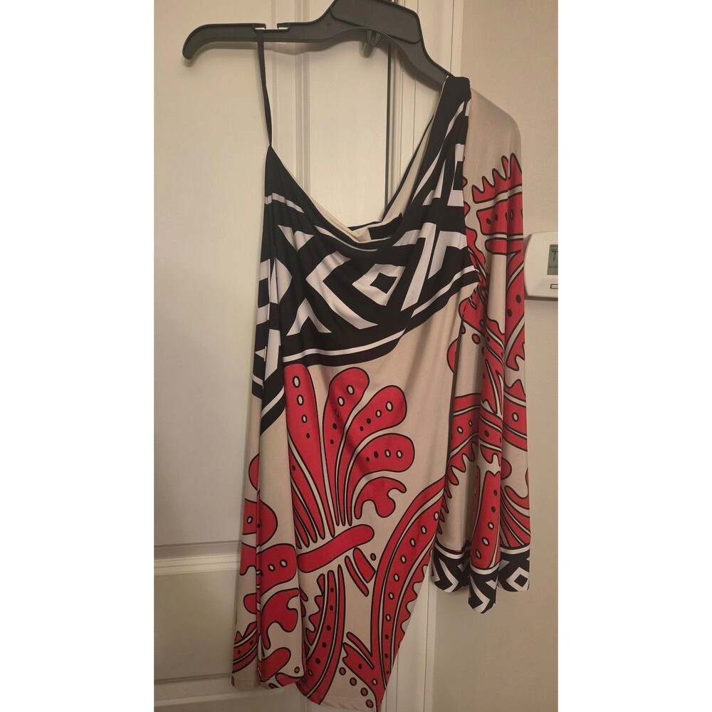 Analili One-Shoulder Dress in Abstract Print Red Tan & Black w/ Size M NWT